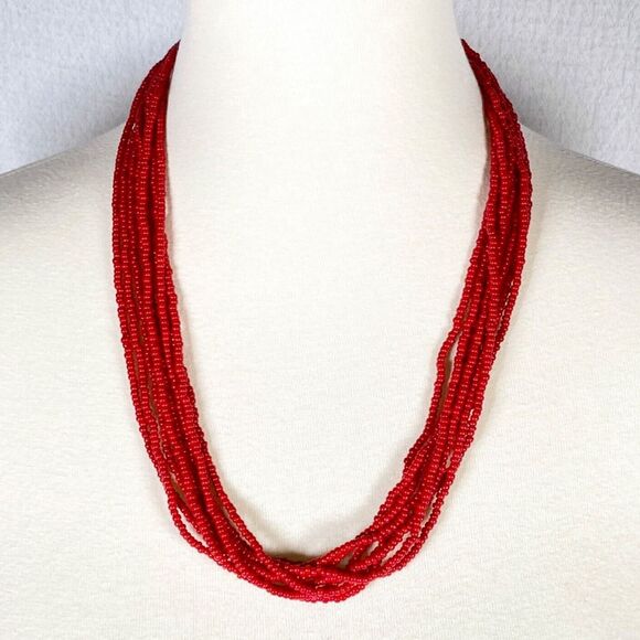 Vtg Trifari Statement Necklace Multi Strand Red Seed Beaded Intricate Layered - Picture 1 of 7